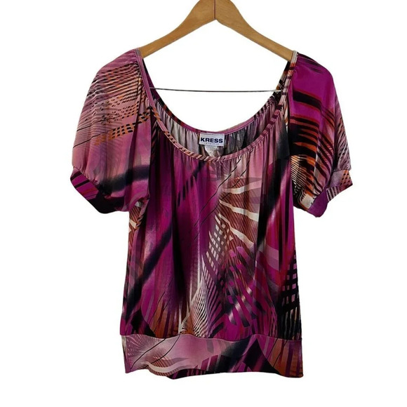 Kress Bright Multipattern Blouse Plus 1X Purple Pink Orange Abstract Stretch - Picture 1 of 6